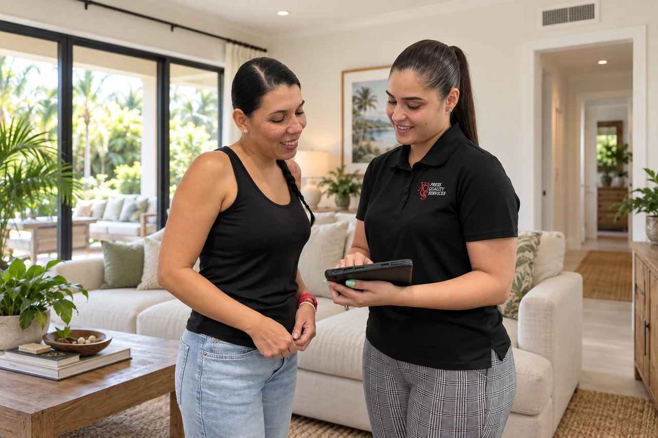 XQS representative in a black polo reviewing a tablet with a homeowner in a bright living room