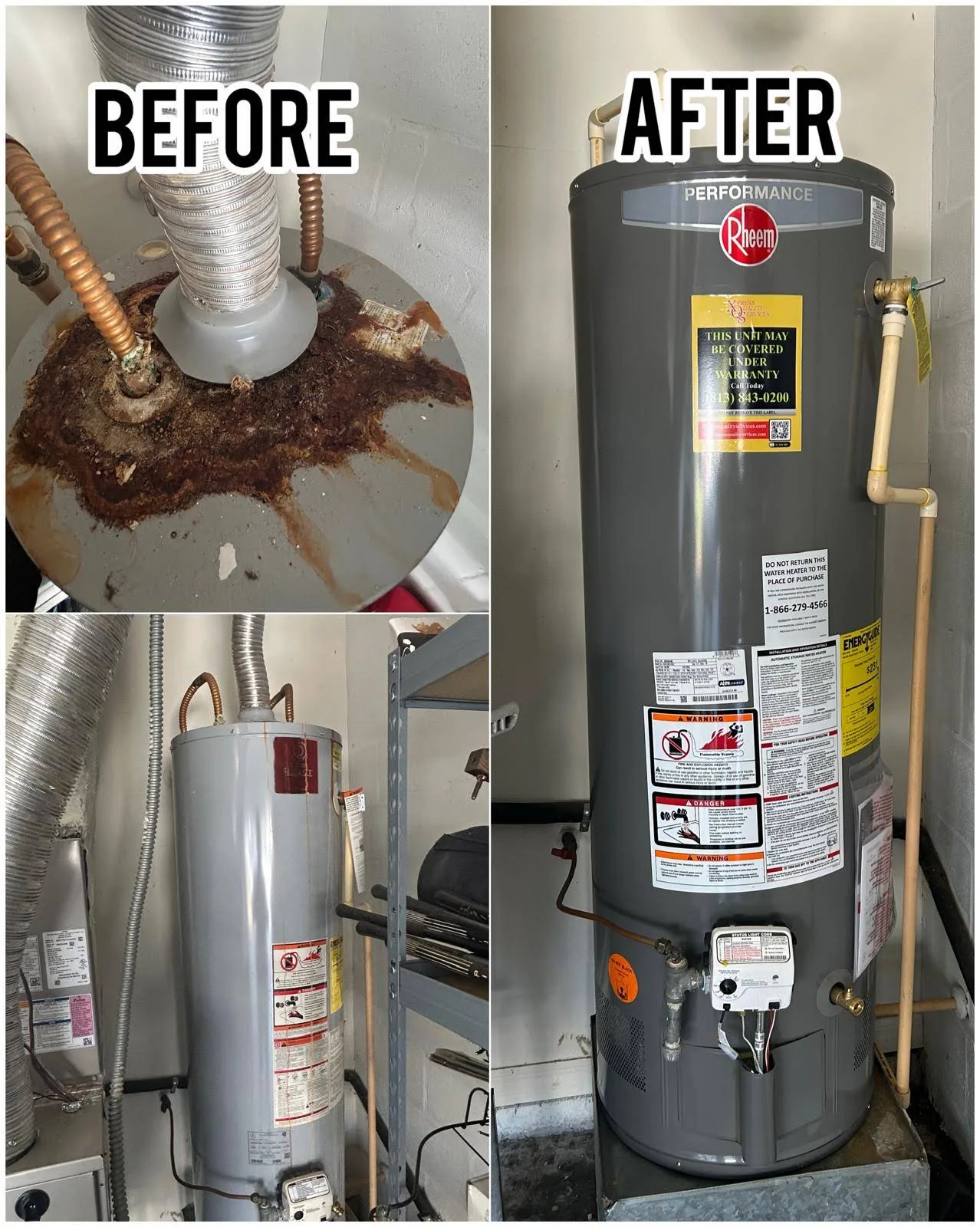 Water heater before-and-after photographs published by XQS, a Tampa Bay plumbing company